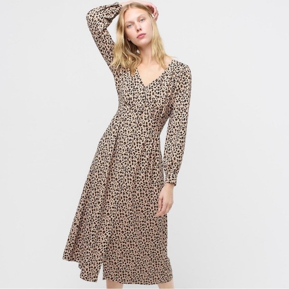 J. Crew Dresses & Skirts - NWT J Crew Long Puff Sleeve Leopard Print Button Front Midi Dress - Tan Black 6